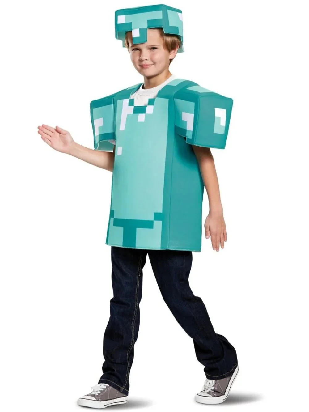 Minecraft Diamond Armor Costume Kids 4-6 Steve Alex Pixel Padded 3D Tunic Hat - Picture 2 of 6